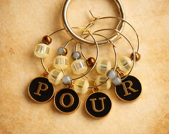 POUR Wine Charms - Black and Gold Typewriter Key Charms, Set of Four
