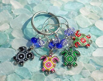 Turtle Wine Charms Set of Four Beaded Drink Markers - Set of 4 Multi-Colored Turtles