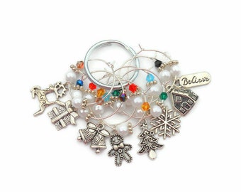 Set of 8 Mixed Silver Christmas Wine Charms ~ Ready To Ship ~ 8 Different Charms With Beaded Accent SET #1