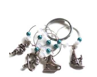 Sports Wine Charms Set of 4 on Ring Holder - Hockey Golf Figure Skate Wind Surfing– Pearl and Blue Beads - Ready to Ship