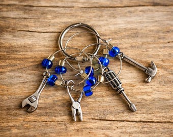 Tool Charms Wine Glass Markers, Blue Beaded Drink Markers, Construction Theme, Set of 4