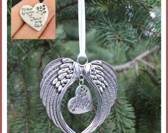 No Longer By My Side Forever In My Heart Pet Remembrance - Silver Angel Wings Memorial Ornament Silver Heart Charm With Quote