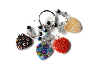 Millefiori Glass Hearts Elegant and Romantic Wine Charms – Set of Four Drink Markers
