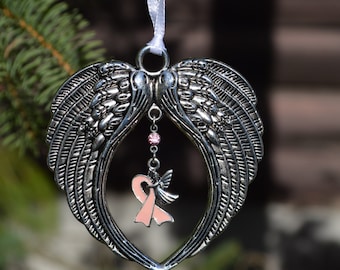 Pink Ribbon Angel Wings Memorial Ornament – Silver Metal, Crystal Connector