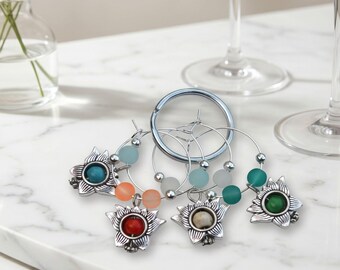 Silver Tone Flower Wine Charms with Spinning Beads, Set of 4 Drink Markers