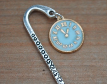 Silver Bookmark with Blue Clock Charm, Unique Book Lover Gift