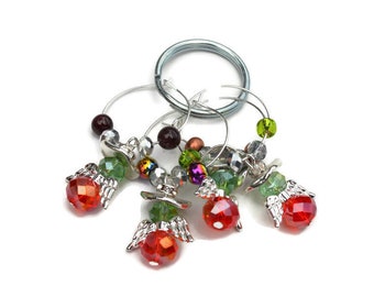 Crystal Angel Wine Charms Red and Green Angels ~ Set of Four READY TO SHIP