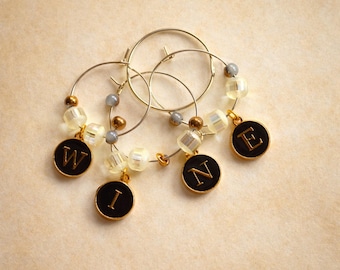WINE Set of Four Drink Markers – Black & Gold Typewriter Key Charms