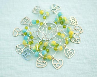 Set of 12 Zodiac Wine Charms - Silver Tone Open Heart Design - Beaded Drink Markers