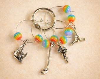 Sports Wine Charms - Football, Hockey, Golf, Wind Surfing - Rainbow Beads - Set of Four Drink Markers