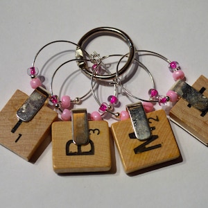 Romantic Beaded Wood Game Tile Wine Charms Set of 4 Wine Charms on Ring Holder Hearts and Lips Valentines Day Gift Idea image 7