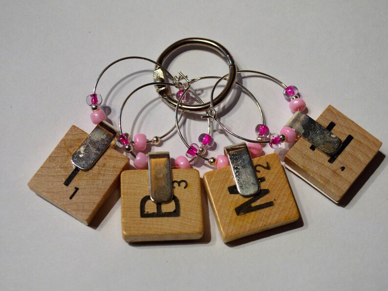 Romantic Beaded Wood Game Tile Wine Charms Set of 4 Wine Charms on Ring Holder Hearts and Lips Valentines Day Gift Idea image 7