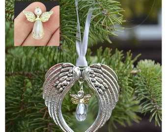 Silver and Gold Rhinestone Angel Charm on Silver Angel Wings Memorial Ornament or Sun Catcher READY TO SHIP