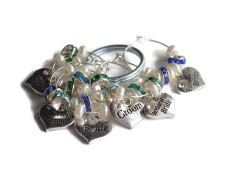Rhinestone Wedding Wine Charms – Blue Green Pearl Beads, Set of 6 Drink Markers