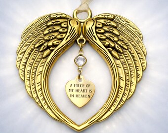 Loss and Remembrance Memorial Ornament - A Piece of My Heart Is In Heaven - Gold Tone Angel Wings