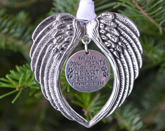 You Left Paw Prints On My Heart - Pet Remembrance - Silver Angel Wings Memorial Ornament