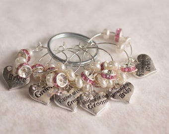 Wedding Party Wine Charms Set of 6 Pearl Beads and Pink Rhinestone Spacers