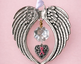 Pink Ribbon Angel Wings Memorial Ornament – Filigree Heart Charm With Vintage Crystal