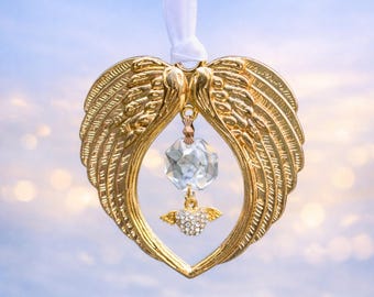 Gold Angel Wings Ornament with Rhinestone Heart & Chandelier Crystal