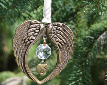 Pet Memorial Ornament Bronze Angel Wings Paw Print Heart