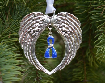 Navy Blue Awareness Ribbon Silver Angel Wings Memorial Ornament or Sun Catcher Ready to Ship