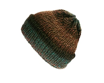 The Kodiak fisherman beanie hat with brim - Brown & blue knitted hat - Trawler beanie hat - Turned-up hat - Unisex knit beanie - 90s grunge