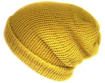 The Mustard yellow classic beanie hat, multi-wear beanie, slouchy hat, turned-up beanie, unisex knitted hat, handmade with soft acrylic yarn
