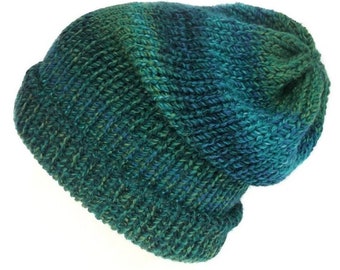 The Aqua chunky slouchy beanie - Blue, green, turquoise beanie - Can be worn as a slouchy hat or turned up beanie - Suitable for vegans