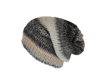 The Norman slouchy beanie - Grey, brown and white hat - Handmade in Scotland - Chunky knit hat - Vegan friendly - One size unisex hat