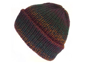 The Pheonix fisherman beanie hat with brim - Purple, green and orange knit hat - Trawler beanie hat - Knitted hat - 90s grunge accessories