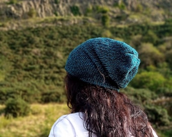 The Teal grunge beanie - Slouchy knit beanie - Handmade in Scotland - Unisex beanie hat - Hat for dreadlocks - Knitted skull cap - Lelsloom