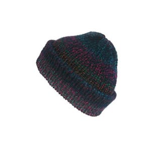 May include: A knit beanie hat featuring a multi-colored yarn blend with deep shades of navy blue, magenta, and hints of emerald green. The hat has a thick, ribbed cuff at the base and a textured, chunky knit pattern throughout the entire crown.