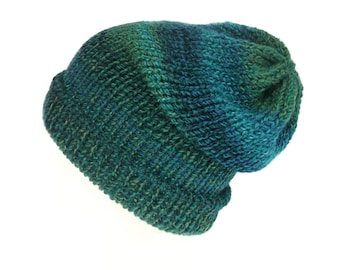 The Aqua chunky slouchy beanie - Blue, green, turquoise beanie - Can be worn as a slouchy hat or turned up beanie - Suitable for vegans