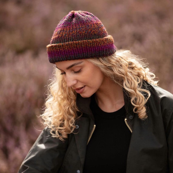 The Pheonix Fisherman Beanie Hat with Brim Purple, Green and Orange Knit Hat Trawler Beanie Hat Knitted Hat 90s Grunge Accessories