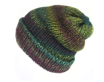 The Grunge green chunky beanie hat - Green and purple hat - Handmade in Scotland - Chunky knit hat - Vegan-friendly - One size unisex beanie