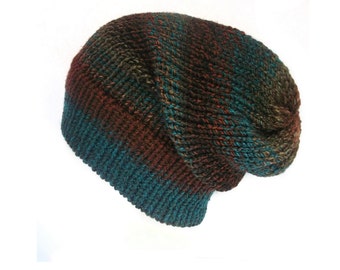 The Kodiak chunky slouchy beanie - Brown & blue beanie - Handmade in Scotland - Chunky knit hat - Suitable for vegans - One size unisex hat