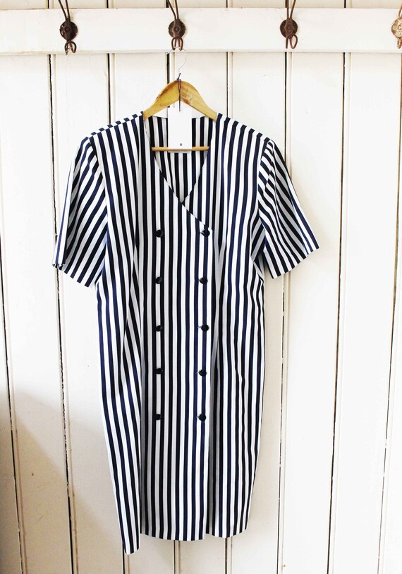 Black and White Stripe 1980s Dress