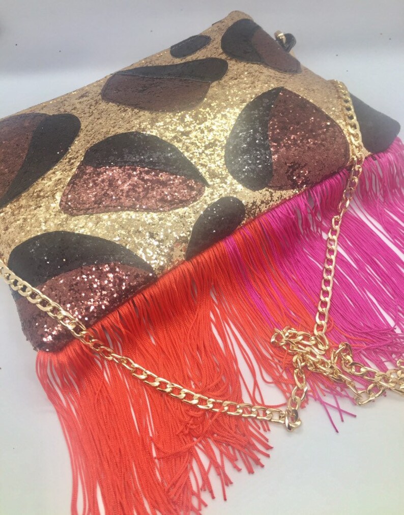 Leopard glitter red and pink tassel bag
