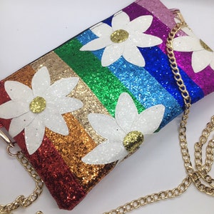 Glitter rainbow embellished daisy bag. Handmade in your choice of size and style