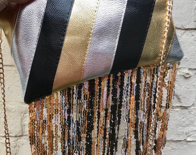 Metallic sequin fringe bag