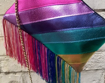 Rainbow fringe bag in metallic faux leather