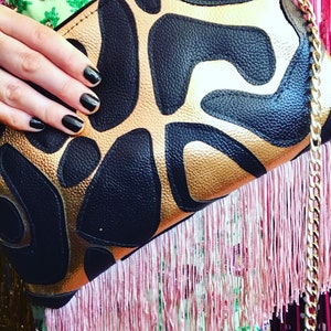 Design your own leopard print metallic faux leather bag with fringe. Custom made in your choice of colours, size and style