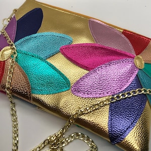 Embellished flower faux leather metallic bag. Custom made in your choice of size and chain options