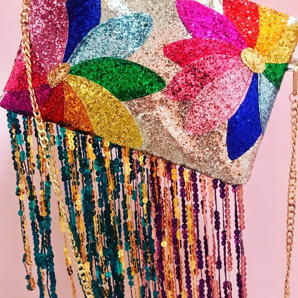 Choose colours rainbow flower glitter sequin tassel bag