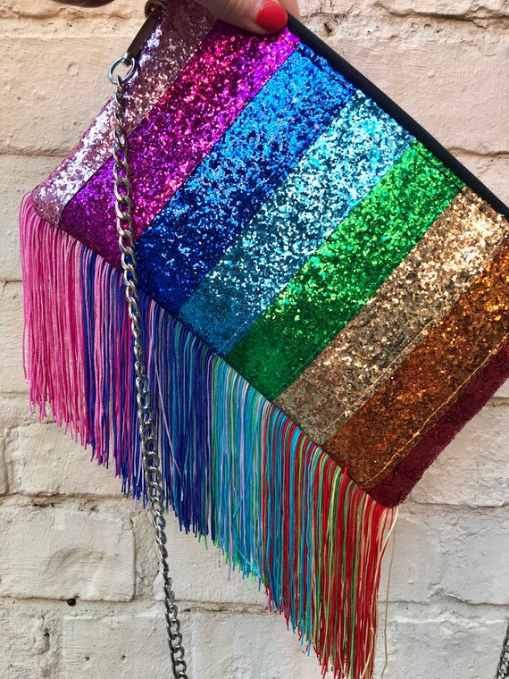 Custom Made Rainbow Glitter Bag With Tassels 