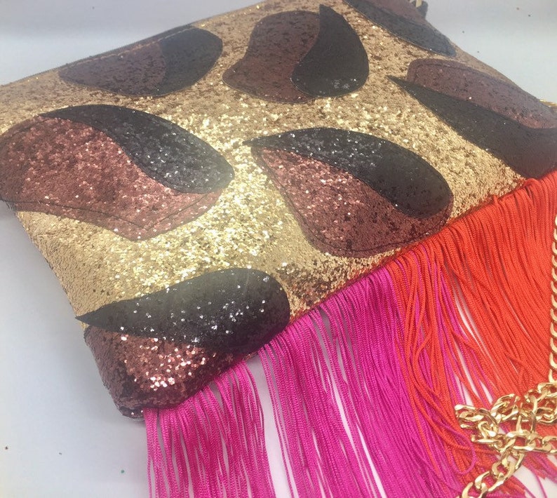 Leopard glitter red and pink tassel bag
