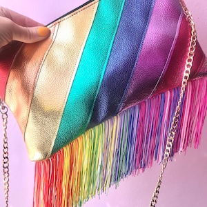 Rainbow fringe bag in metallic faux leather