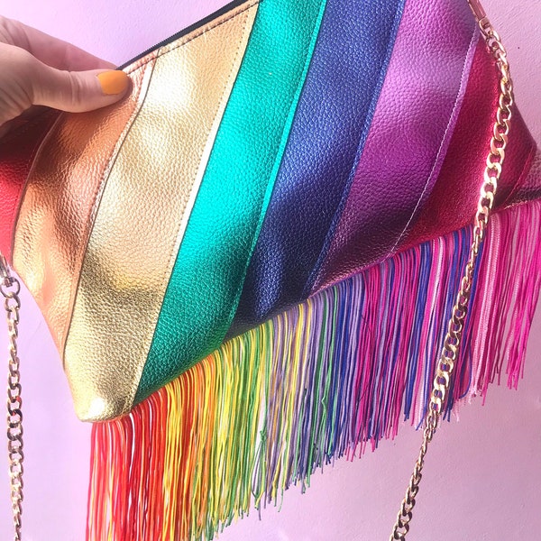 Rainbow fringe bag in metallic faux leather