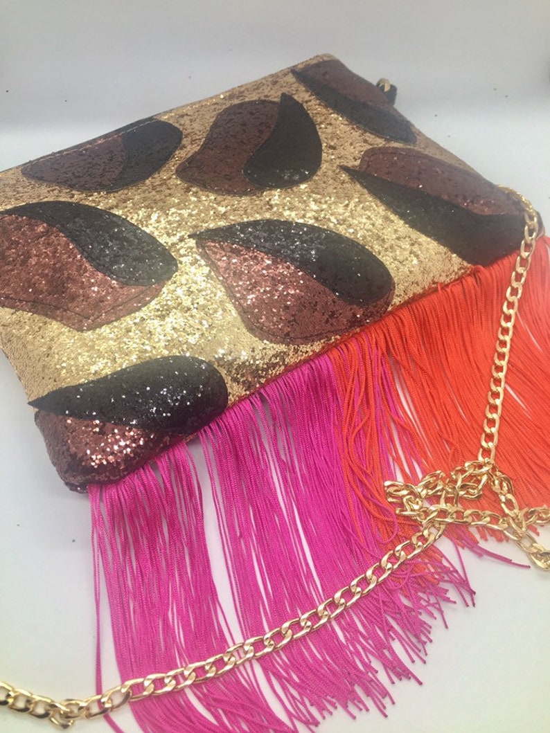 Leopard glitter red and pink tassel bag