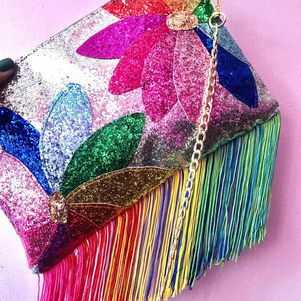 Choose colour rainbow flower glitter tassel bag